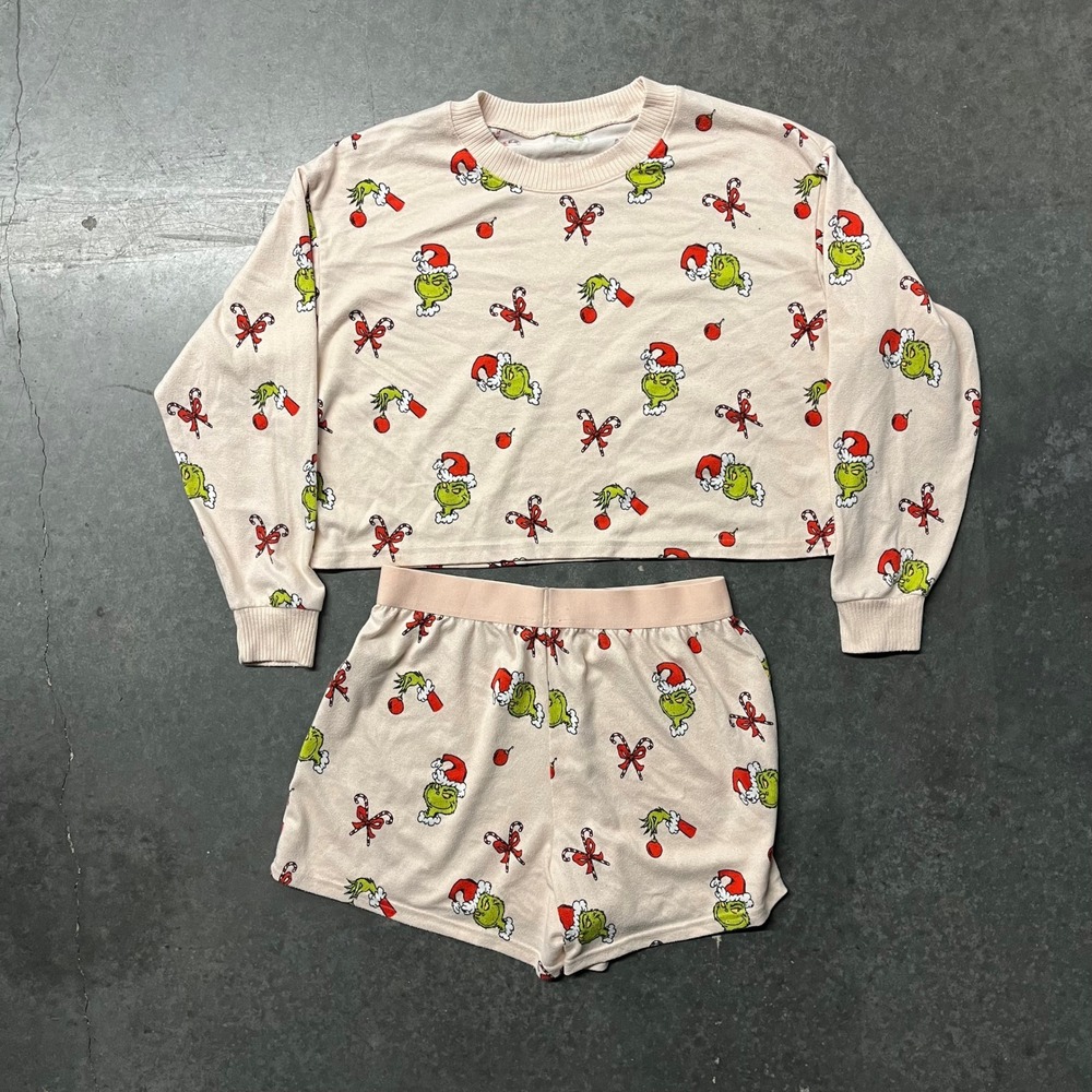 American Eagle Grinch Christmas Pajama Set Pink Waffle Knit Crop Top Shorts S